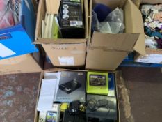 3 X BOXES OF NOTEPADS, ENVELOPES, CABLE TIES, ROUTERS, TOM TOM STA NAVS, PROJECTORS ETC