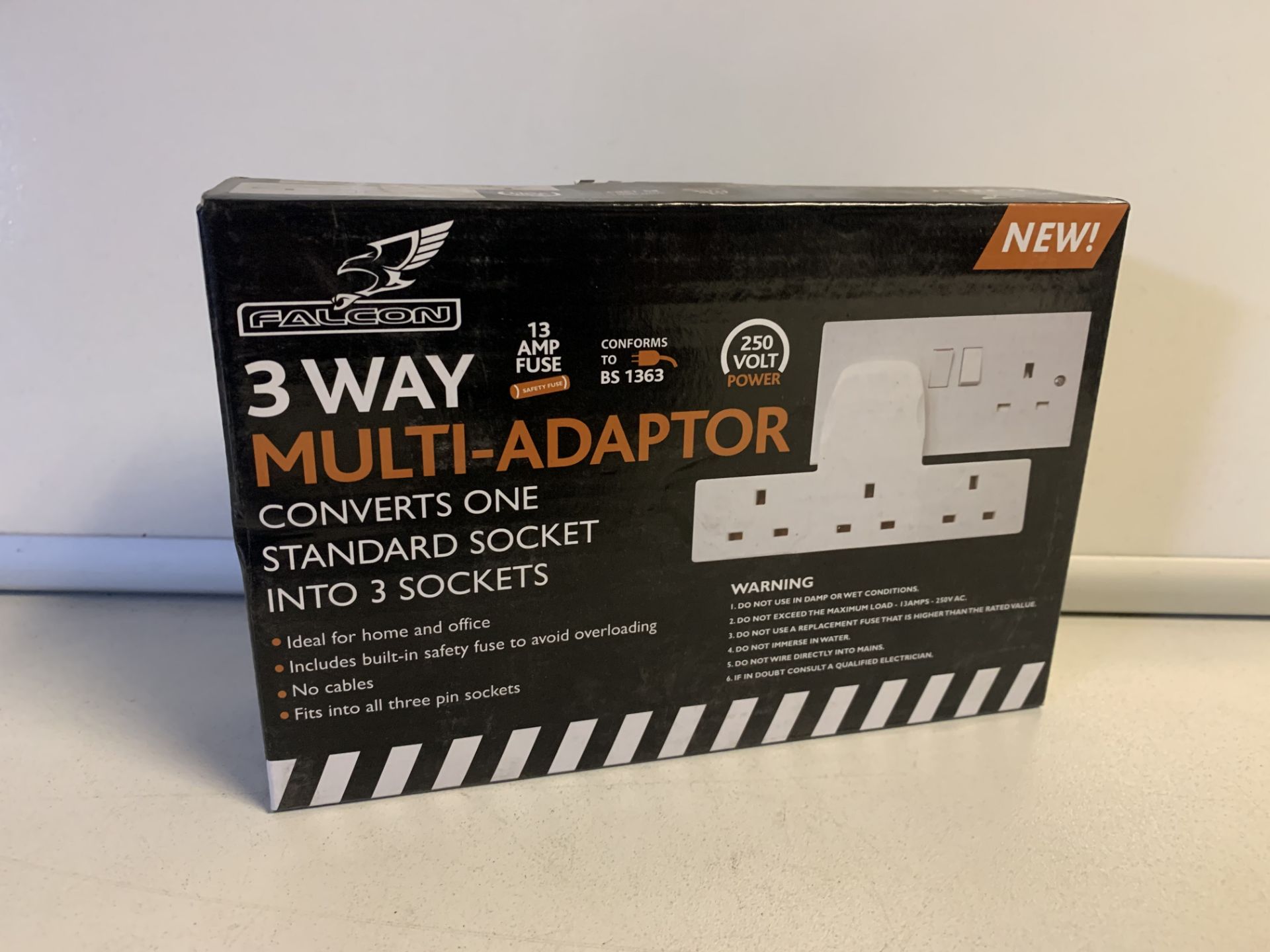 24 x NEW BOXED FALCON 3 WAY MULTI ADAPTORS. CONVERS ONE STANDARD SOCKET INTO 3 SOCKETS