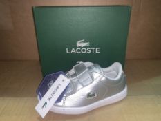 (NO VAT) 3 x NEW BOXED PAIRS OF LACOSTE CARNABY EVO TRAP SILVER TRAINERS. SIZE INFANT 7