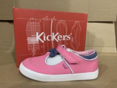 (NO VAT) 3 x NEW BOXED PAIRS OF KICKERS TOVNI-T-BOW BUMPER TEXT BOOTS. SIZE INFANT 12 (49/6)