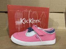 (NO VAT) 2 x NEW BOXED PAIRS OF KICKERS TOVNI-T-BOW BUMPER TEXT BOOTS. SIZE INFANT 12 (50/6)
