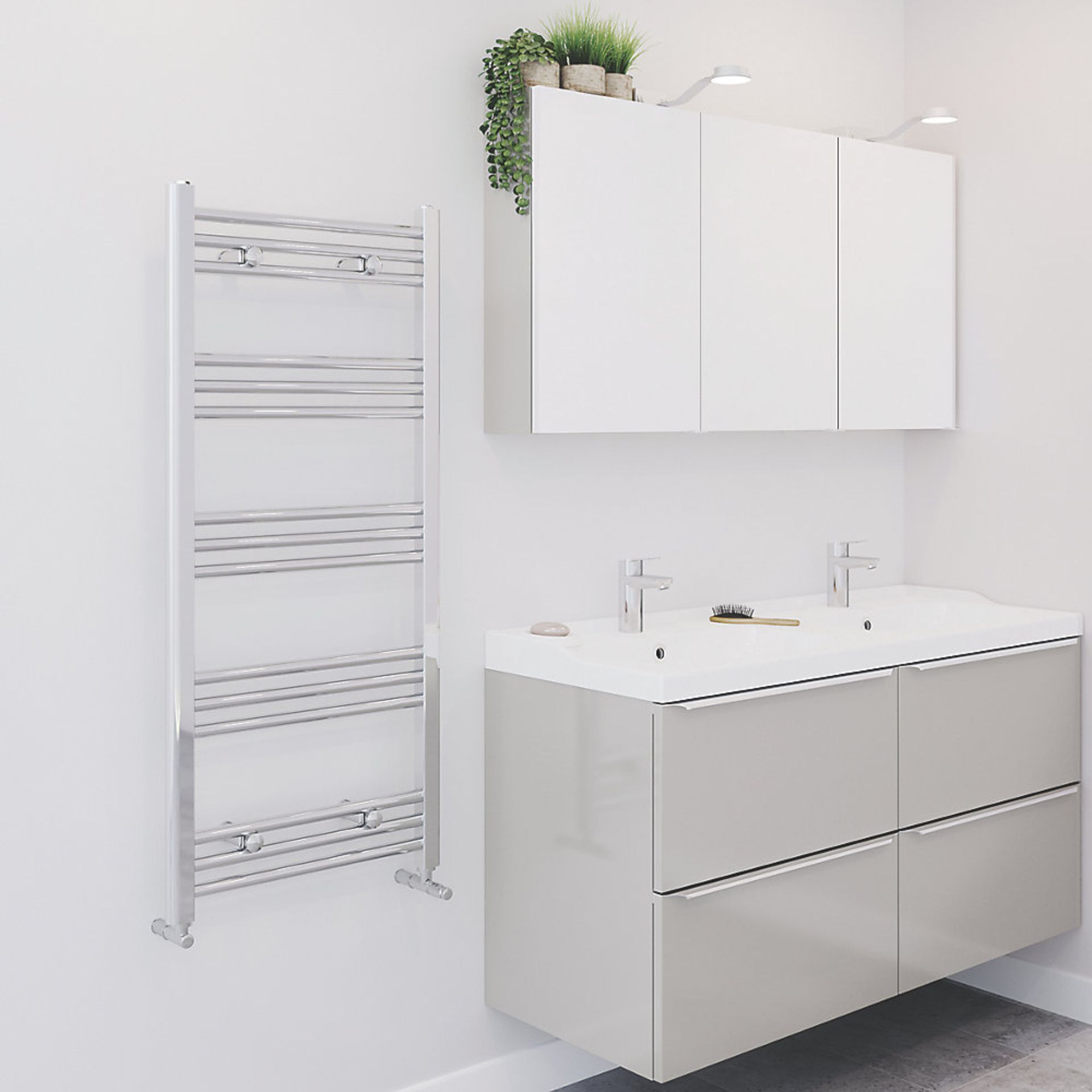 (28) TOWEL RADIATOR 1100 X 500MM CHROME 979BTU. Flat Front Gloss Steel Construction Water Central