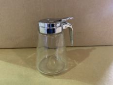 APPROX 25 X BRAND NEW GLASS POURING JUGS WITH STAINLESS STEEL OPENING FUNCTION