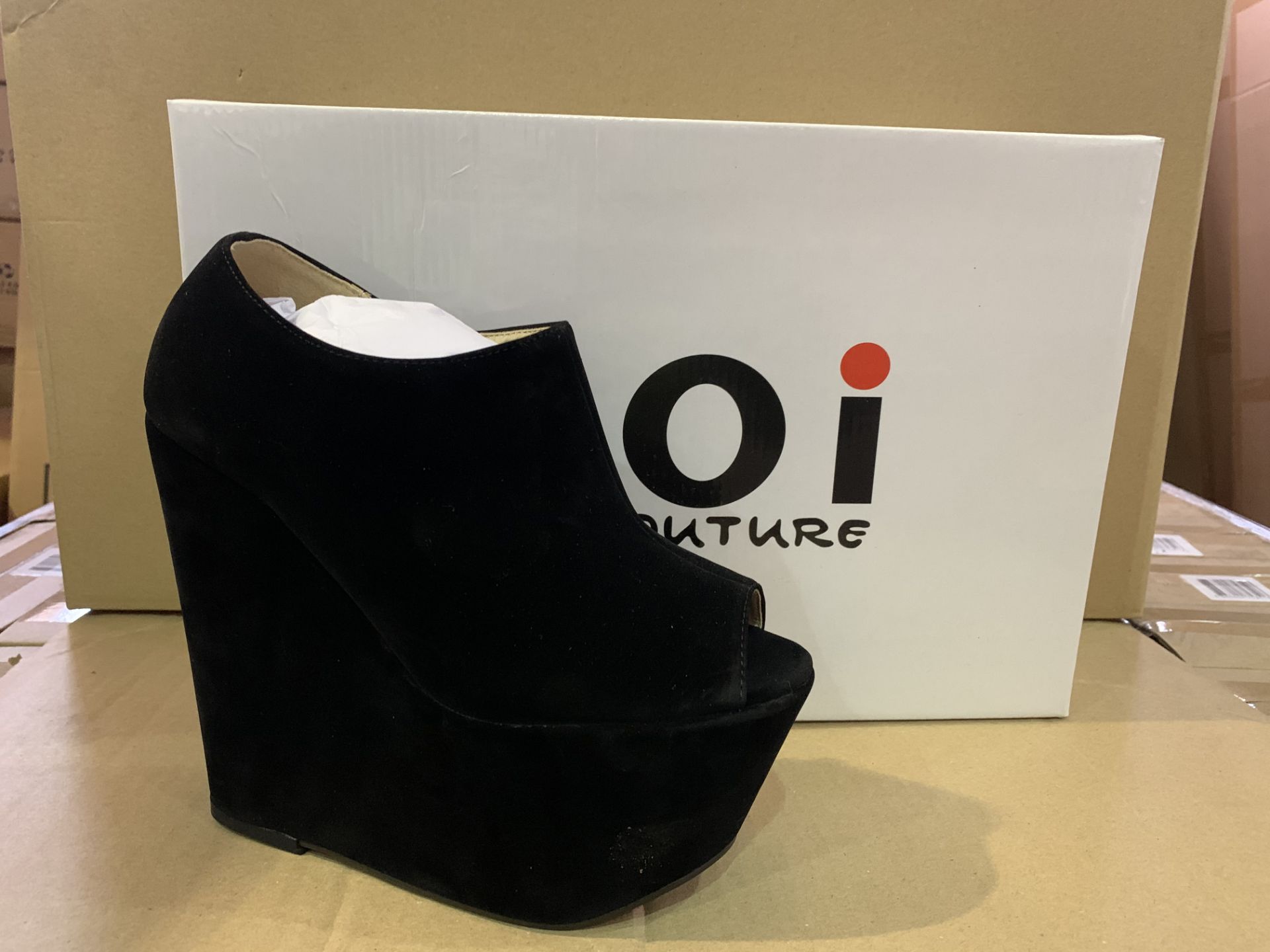 14 X BRAND NEW RETAIL BOXED KOI COUTURE BLACK SUEDE HIGH HEEL SHOES IN RATIO BOX (1 X SIZE 3, 3 X