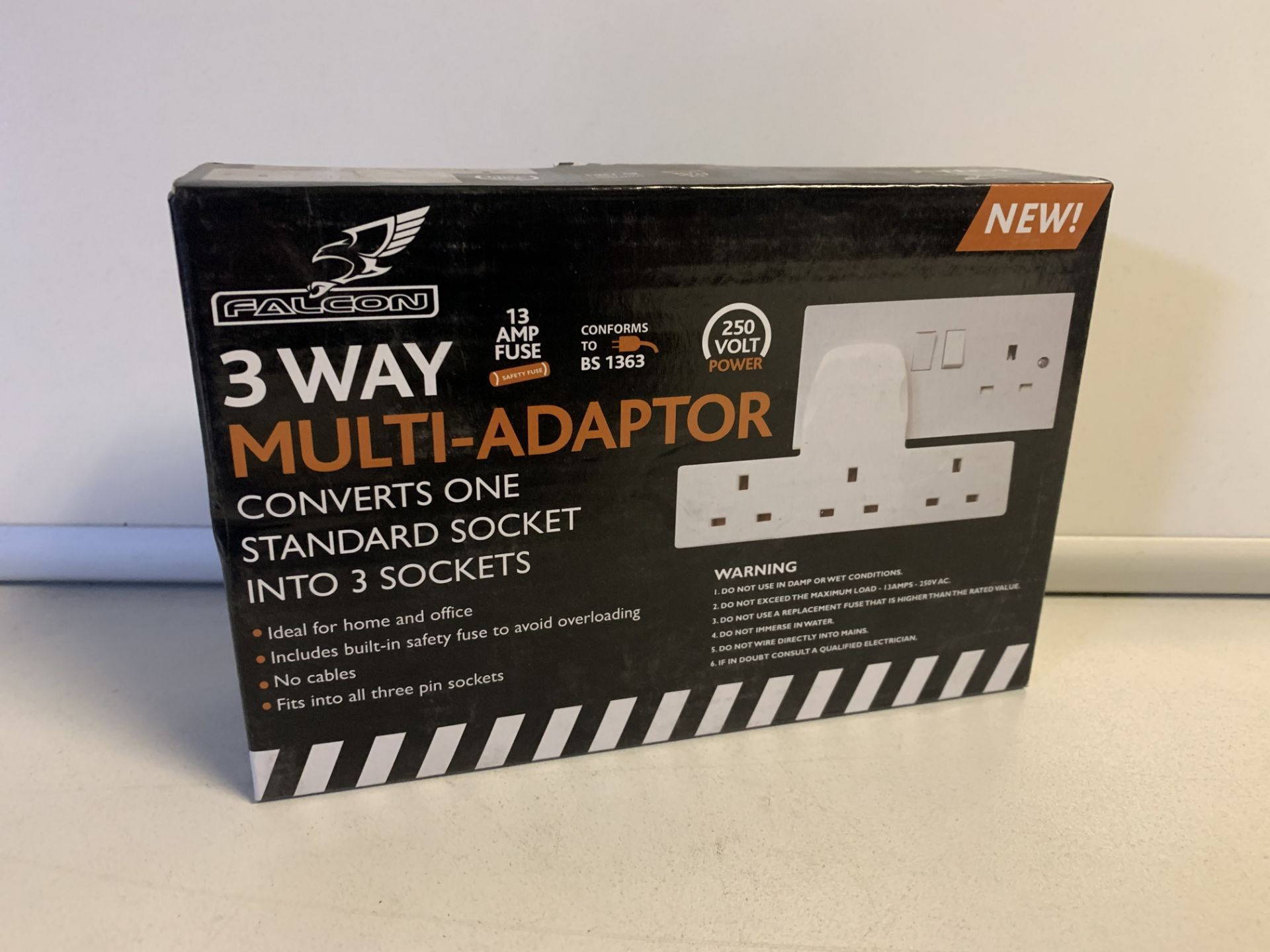 24 x NEW BOXED FALCON 3 WAY MULTI ADAPTORS. CONVERS ONE STANDARD SOCKET INTO 3 SOCKETS