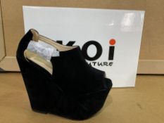 14 X BRAND NEW RETAIL BOXED KOI COUTURE BLACK SUEDE HIGH HEEL SHOES IN RATIO BOX (1 X SIZE 3, 3 X