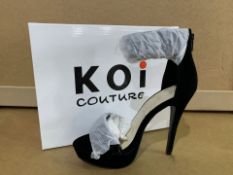 14 X BRAND NEW RETAIL BOXED KOI COUTURE BLACK SUEDE HIGH HEEL FASHION SHOES IN RATIO BOX (1 X SIZE3,
