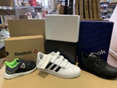 (NO VAT) 6 X BRAND NEW TRAINERS INCLUDING ADIDAS VL COURT SIZE J2, REEBOK ALMOTIO SIZE i5 AND REEBOK