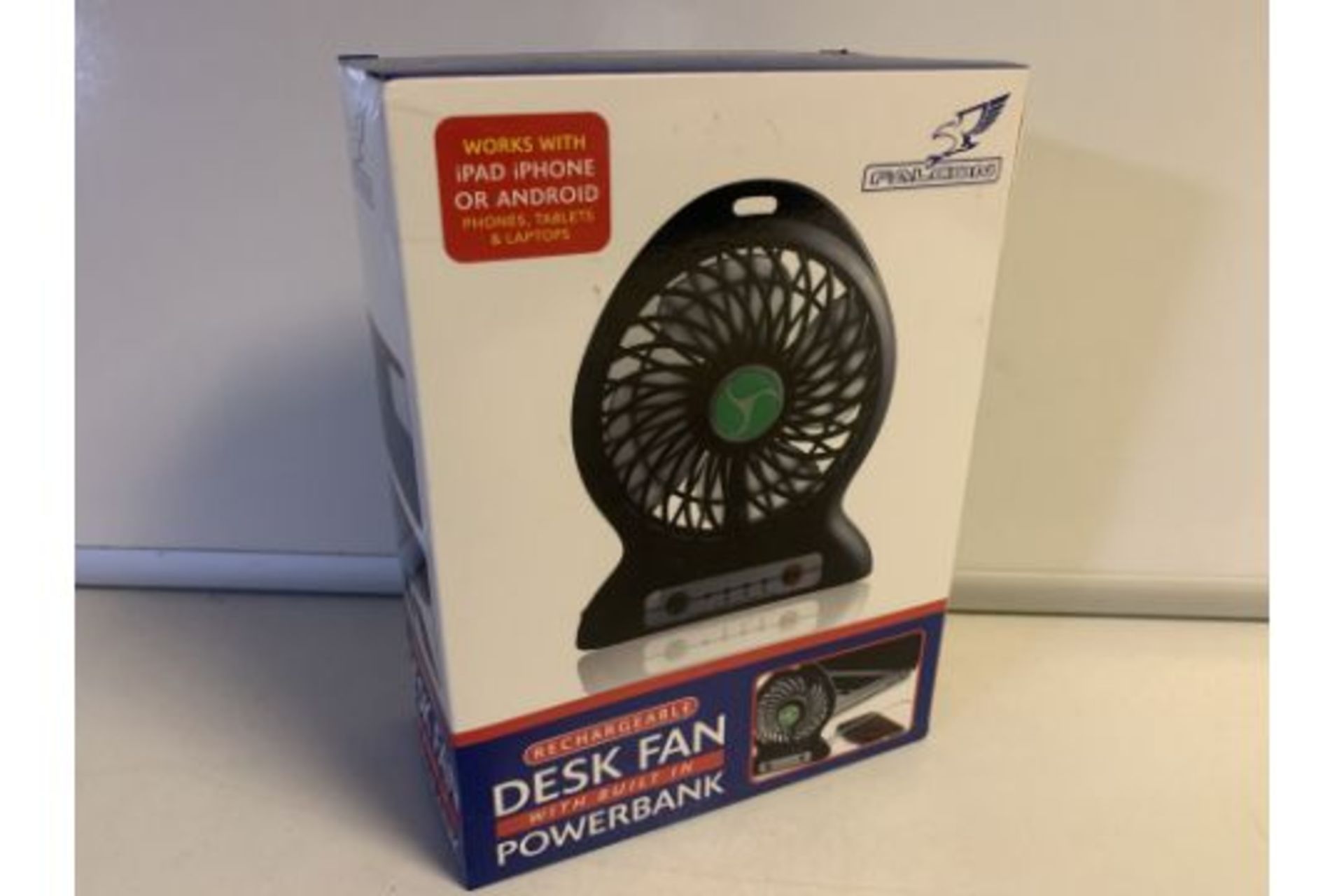 2 x NEW BOXED FALCON RECHARGABLE DESK FANS WITH BUILT IN POWER BANK
