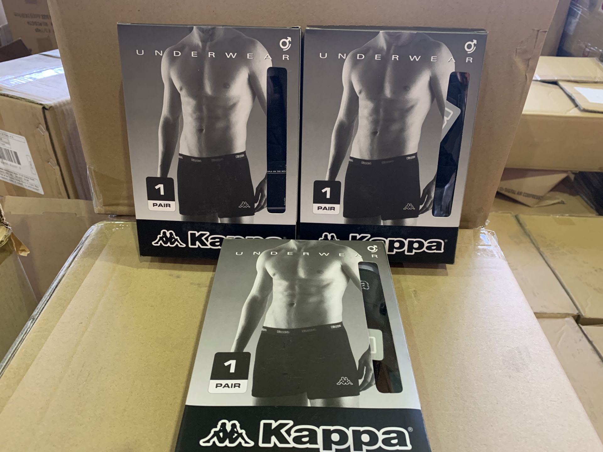 20 X BRAND NEW KAPPA RETAIL PACKAGED BOXER SHORTS (4 X S, 8 X M, 6 X L, 2 X XL) IN 2 BOXES