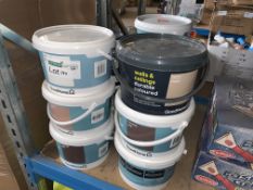 9 X TUBS OF GOOD HOME PAINT IN VARIOUS COLOURS AND 2 X TUBS OF BOSTIK ADHESIVE