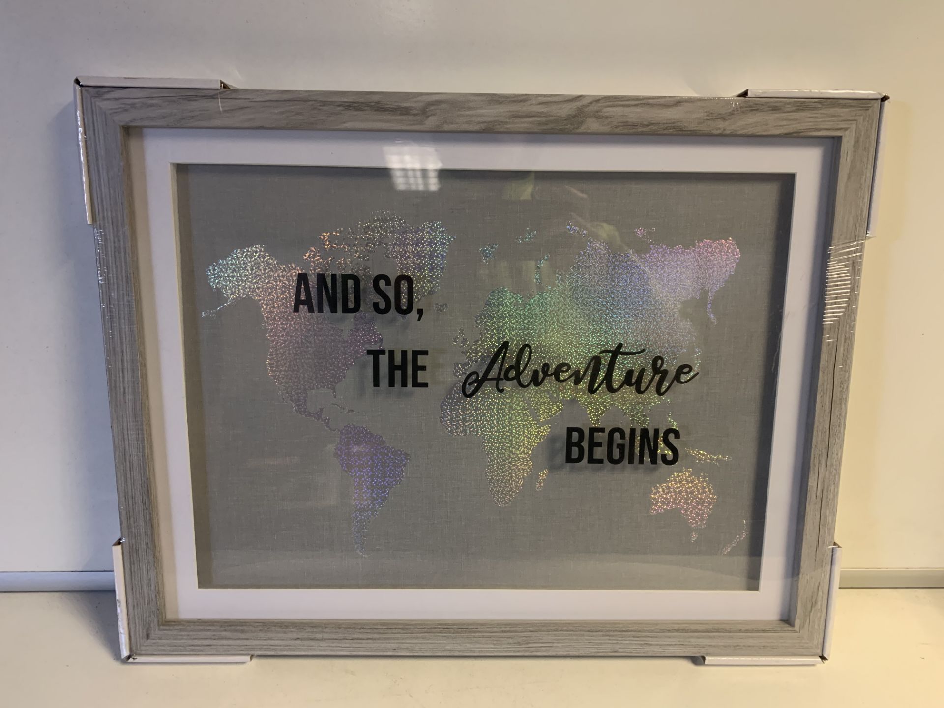 24 x NEW SEALED ARTHOUSE 'AND SO THE ADVENTURE BEGINS' HOLOGRAPHIC MAP FRAMED PRINT (1465/20)