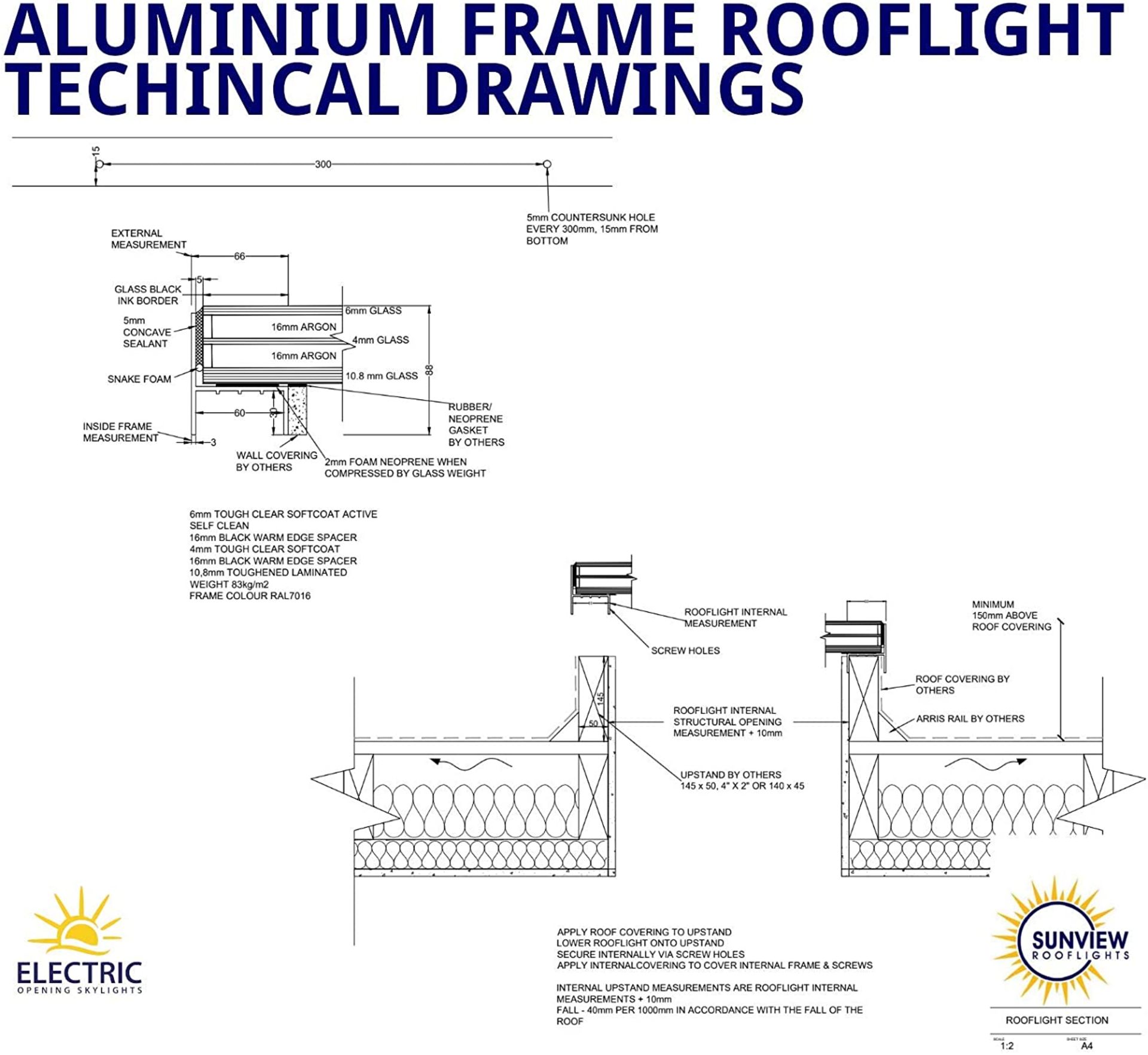 Panoroof (EOS) Fixed Aluminium Triple-Glazed Laminated Skylight with Self-Cleaning Glass - 800x800mm - Image 4 of 6