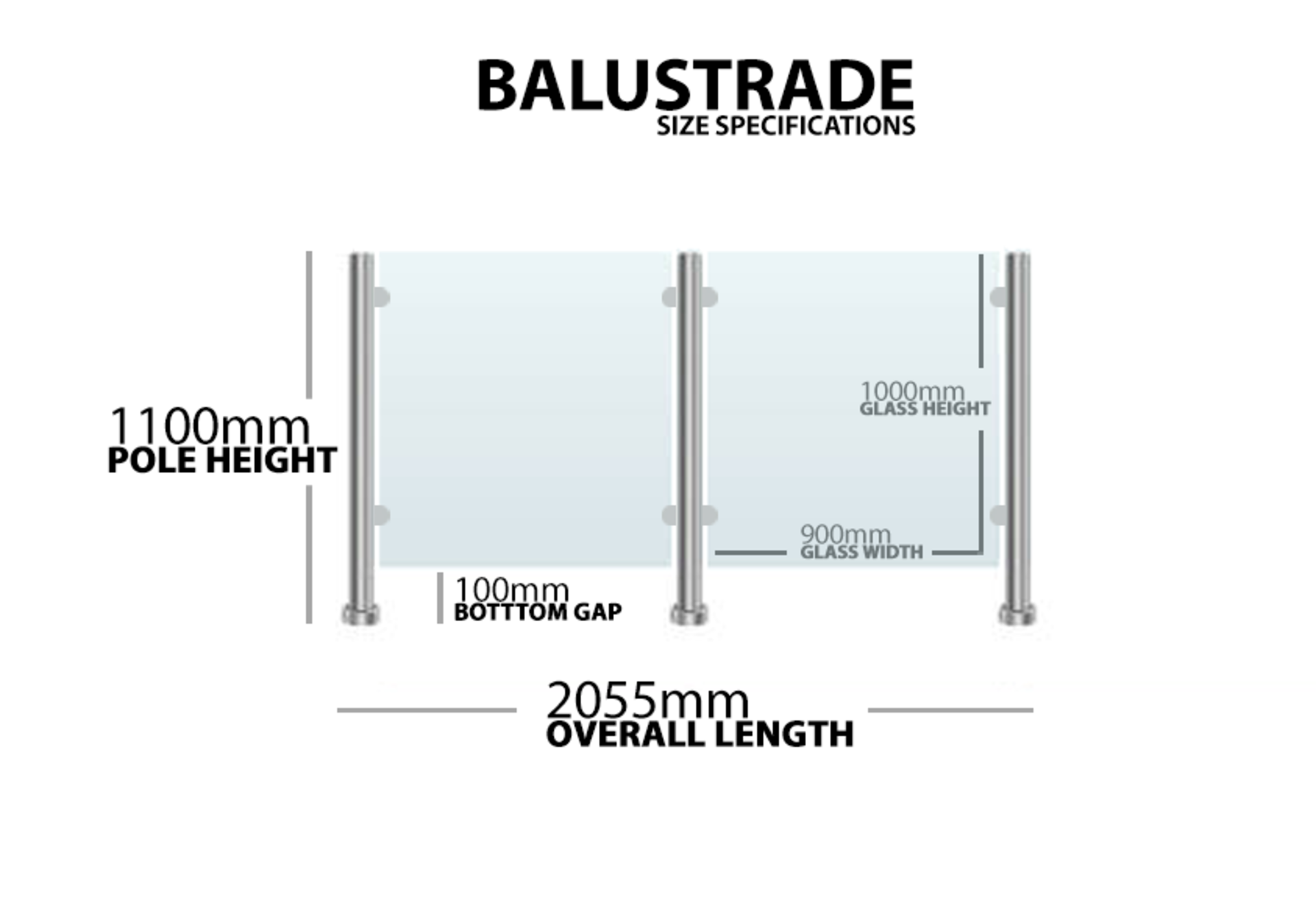 Panoroof Balustrade 10mm Toughened Glass with Stainless Steel Poles + Clamps. Measurements: - Image 3 of 3