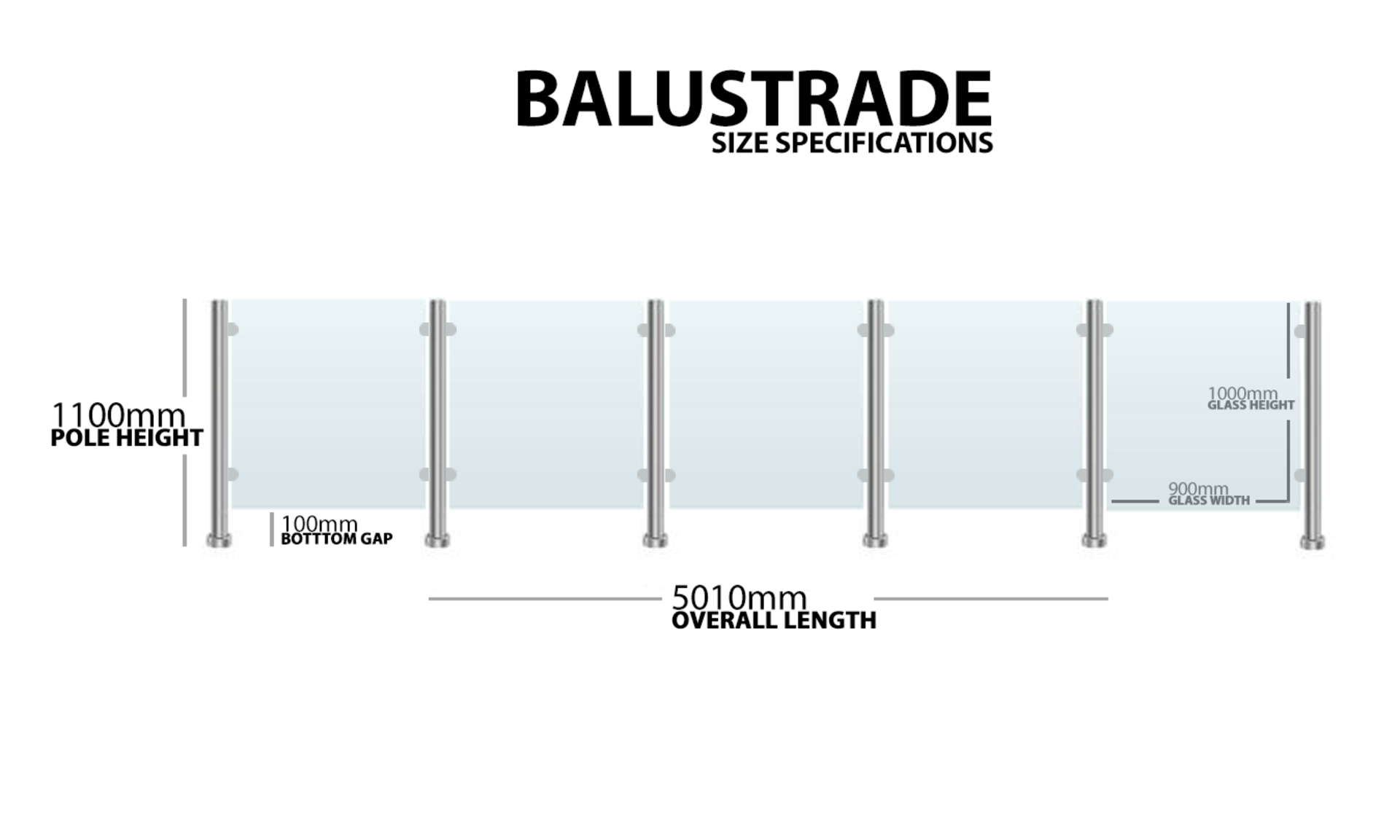 Panoroof Balustrade 10mm Toughened Glass with Stainless Steel Poles + Clamps. Measurements: - Image 3 of 3