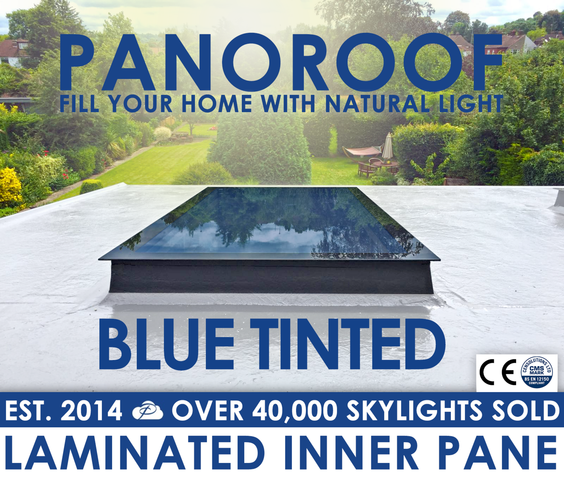 Panoroof 600x1800mm BLUE TINTED GLASS Triple Glazed Self Cleaning WITH 8.8mm LAMINATED INNER PANE (