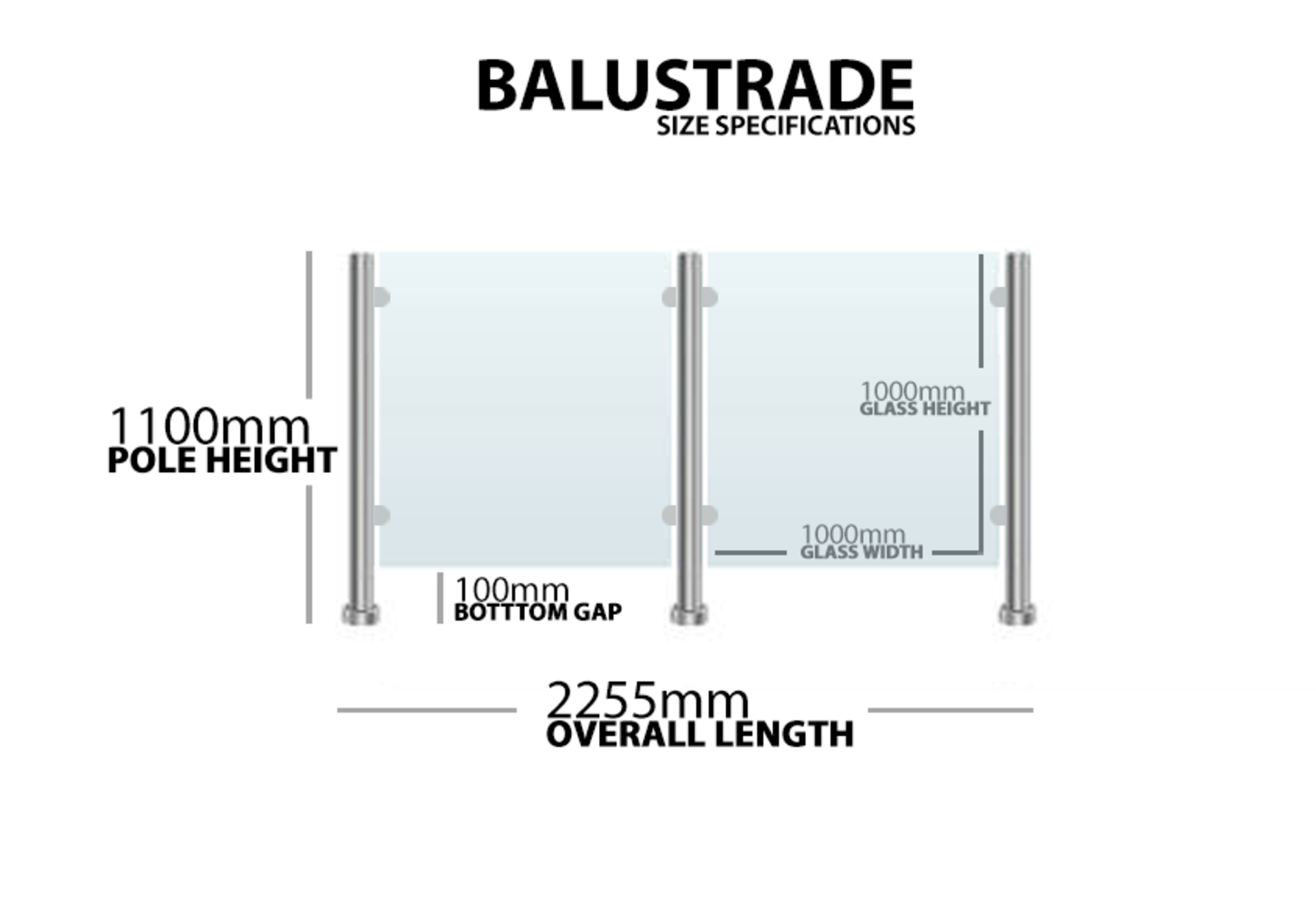 Panoroof Balustrade 10mm Toughened Glass with Stainless Steel Poles + Clamps. Measurements: - Image 3 of 3