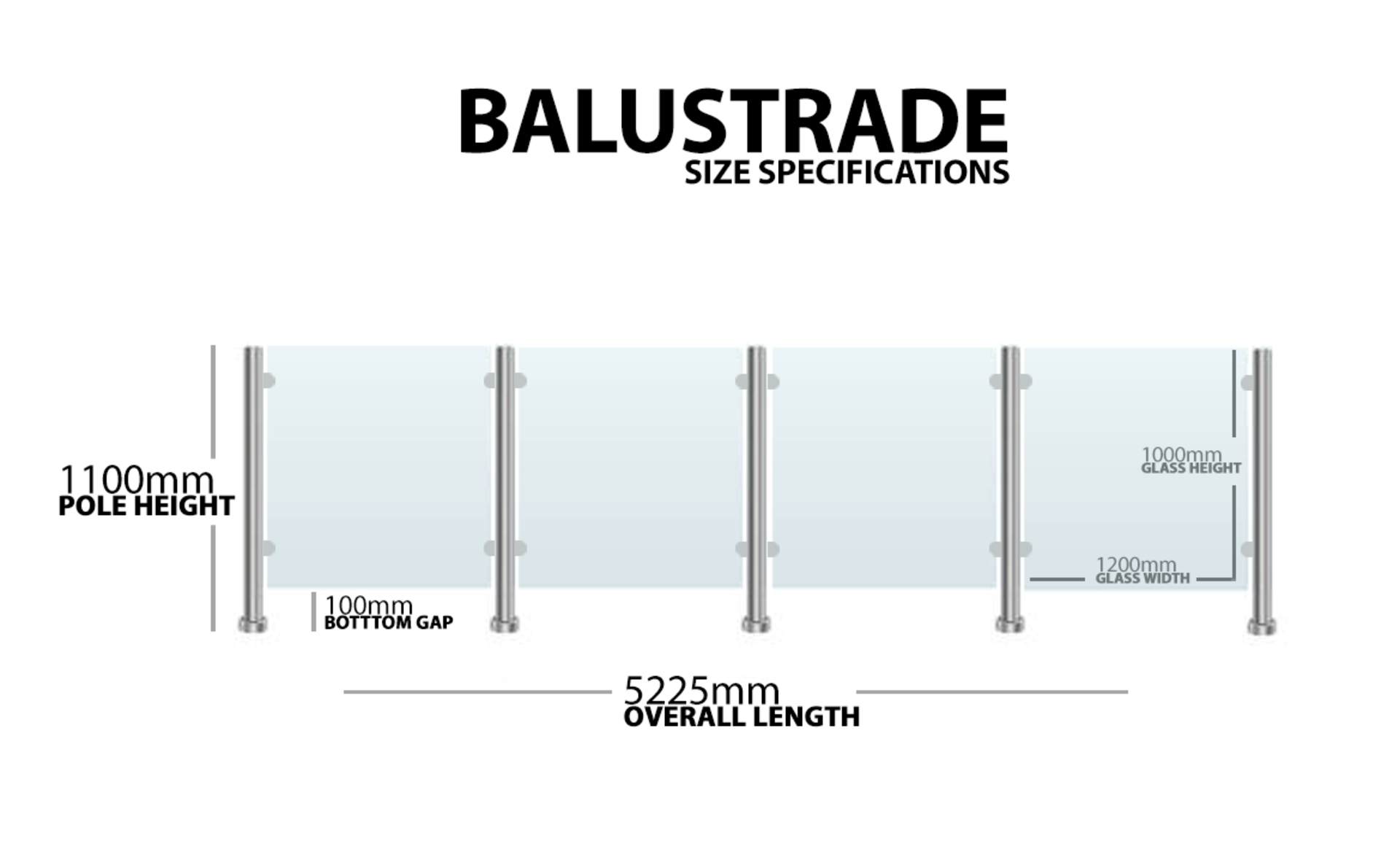 Panoroof Balustrade 10mm Toughened Glass with Stainless Steel Poles + Clamps. Measurements: - Image 3 of 3