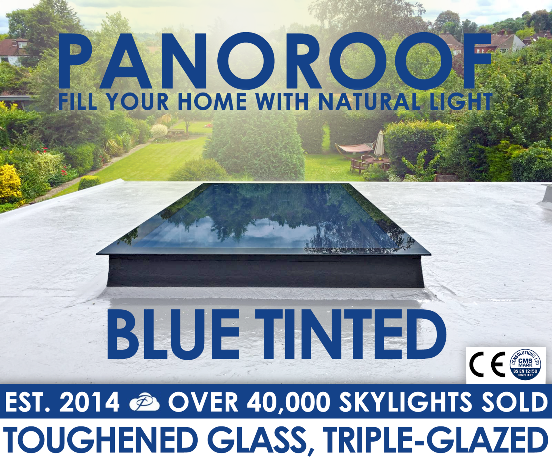 Panoroof 800x3500mm (inside Size Visable glass area) BLUE TINTED GLASS Seamless Glass Skylight