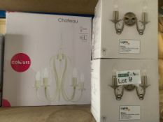 7 PIECE NEW LIGHTING LOT TO INCLUDE COLOURS CHATEAU AND 6 X PRIORY ANTIQUE BRASS EFFECT DOUBLE