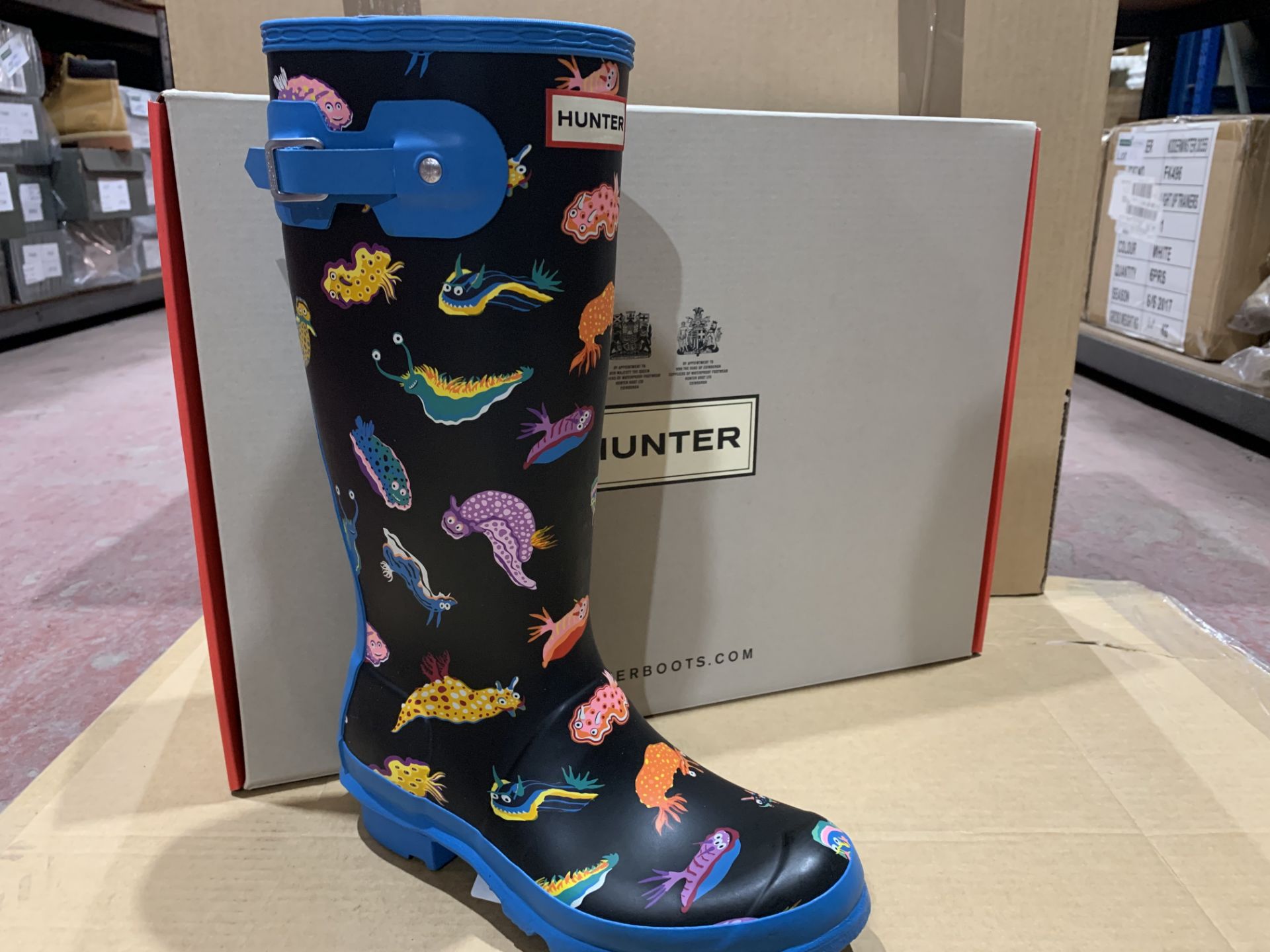 (NO VAT) BRAND NEW HUNTERS SEA MONSTER PRINT BLUE BOTTLE BOOTS SIZE 4