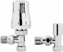 2 X Chrome Thermostatic Control Angled Designer Radiator Valves Pair 15mm ½" NEW. RA07A RRP £49.99