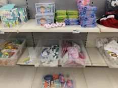 CONTENTS OF 3 SHELVES TO INCLUDE STATUS TODDLER 18 PIECE SAFETY SET, 72 PACK BABY WIPES, BABY