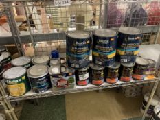 PAINT LOT INCLUDING APPROX 20 TINS INCLUDING BOSTIK FELT ADHESIVE, DULUX WEATHER SHIELD ETC