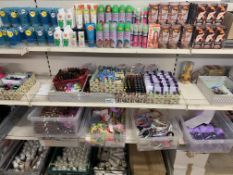 4 SHELVES TO INCLUDE HAIR DYE, HAIR GEL, BODY LOTION, HAIR BOBBLES, NAIL VARNISH ETC APPROX 1000