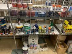 PAINT LOT ON 3 SHELVES INCLUDING SANDTEX HIGH COVER SMOOTH, CUPRINOL WOODWORM KILLER ETC APPROX