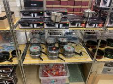 CONTENTS OF 3 SHELVES TO INCLUDE VARIOUS PANS, SAUCEPANS, CASEROLE DISHES ETC