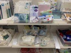 CONTENTS OF 3 SHELVES TO INCLUDE 4 PIECE BEDDING SETS, COTTON FLANNELS, BABY HATS, BIBS ETC APPROX