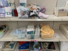 CONTENTS OF 3 SHELVES TO INCLUDE PRAM SHEETS, FLANNEL SHEETS, INFANT WRAP ETC APPROX 70 ITEMS