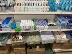 4 SHELVES APPROX 500 ITEMS INCLUDING RUSSEL AND WINDSOR BODY MOISTURISER, DEODERANT, SHAVING FOAM