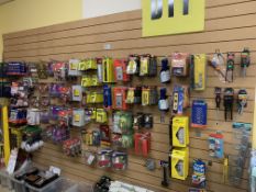 DISPLAY WALL OF LARGE QUANTITY OF DIY PRODUCTS INCLUDING 16 PIECE SCREWDRIVER SETS, HANDLES,