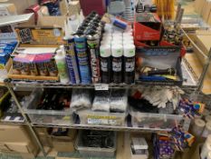 CONTENTS OF 3 SHELVES TO INCLUDE HAND ARMOUR BARRIER CREAM, WORK GLOVES, ADHESIVE, SAFETY GLASSES