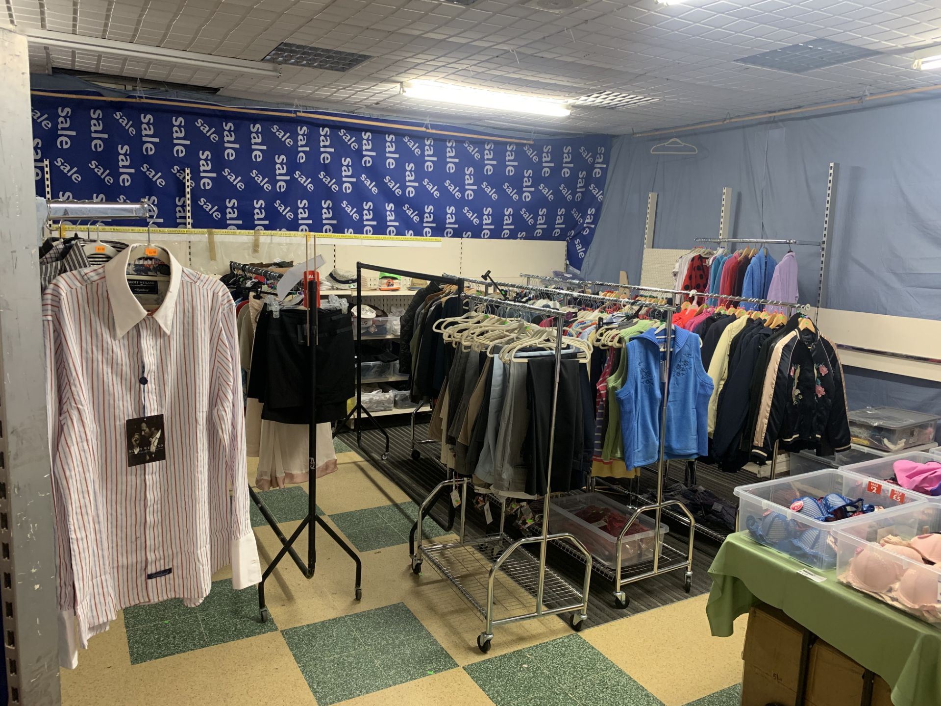 FULL SHOP CLOTHING ROOM TO INCLUDE BRAS, BELTS, SHIRTS, TRESPASS TROUSERS, JEANS, COAT HANGERS, NIKE