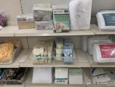 CONTENTS OF 3 SHELVES TO INCLUDE FLEECE BLANKETS, 5 PIECE BABY BEEDING BAIL, MATRESS PROTECTOR, ANTI
