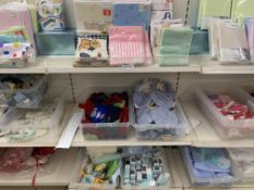 CONTENTS OF 3 SHELVES TO INCLUDE 3 PIECE COT SHEET SETS, FITTED SHEETS, CHILDRESN HATS, BRUSHES