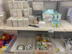 CONTENTS OF 2 SHELVES TO INCLUDE FEEDING BOTTLE SETS, HEART STRING TEDDIES KEEPSAKE, ETC APPROX