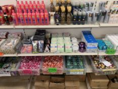 4 SHELVES APPROX 1000 ITEMS INCLUDING MANICURE SETS, SALON SHAMPOO, 4 PACK MOISTURISING BALM, LUXURY