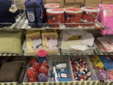 FULL BAY OF CONTENTS TO INCLUDE PRINTED FLEECE BLANKETS, TABLEWEAR, CHILDRESN PONCHOS ETC APPROX