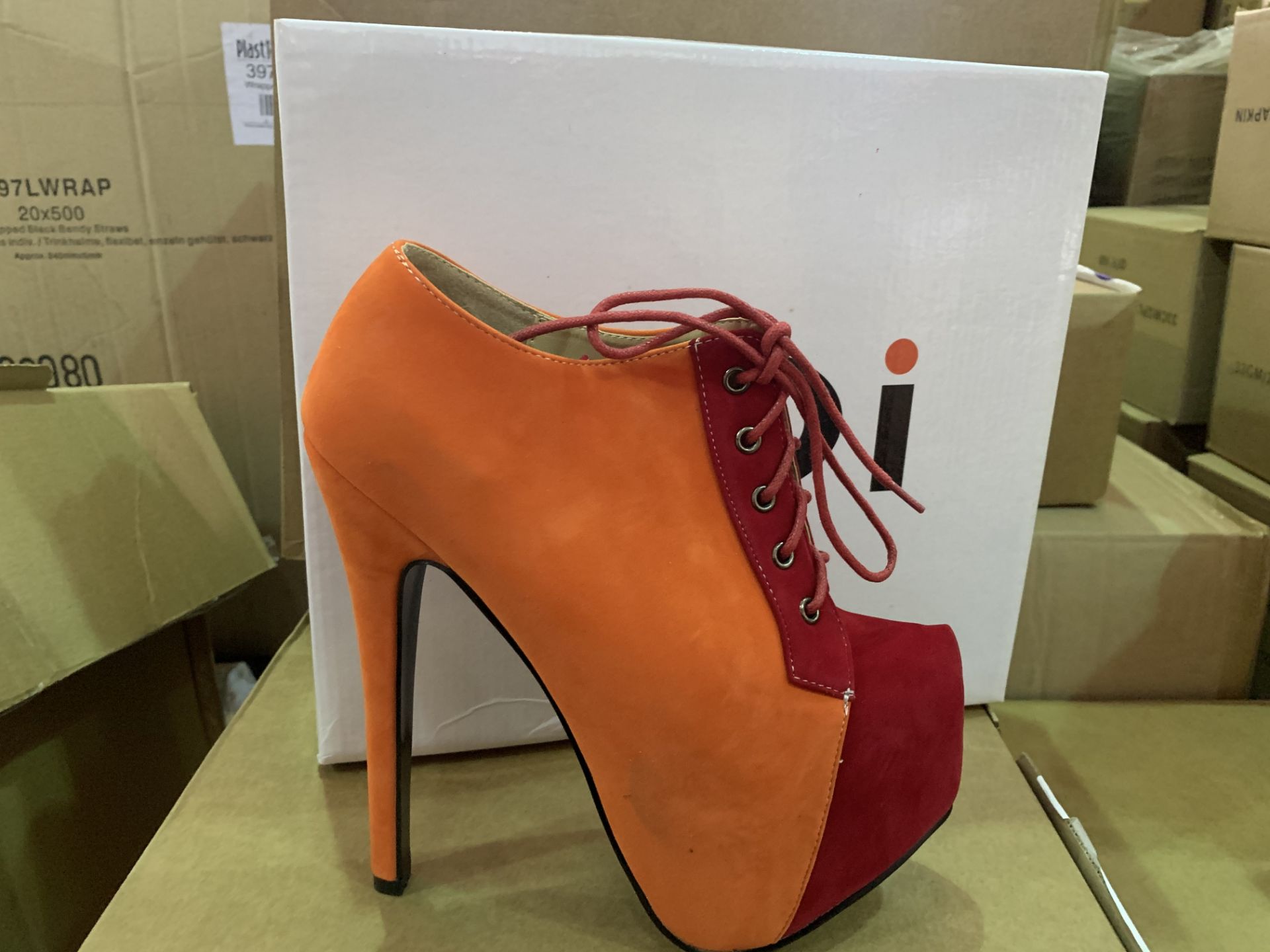 12 X BRAND NEW RETAIL BOXED KOI FOOTWEAR ORANGE HIGH HEEL FASHION SHOES IN RATIO BOX (1 X SIZE 3,