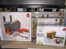 7 PIECE LITTLE TOWN TOY LOT INCLUDING SUSHI SET, MEAT FISH AND BREAD CRATES, CHOPPING BOARD SETS