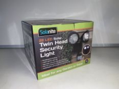 8 X NEW BOXED SOLANITE 22LED SOLAR TWIN HEAD SECURITY LIGHTS. PIR SENSOR ACTIVATED, LAMPS SWIVEL &