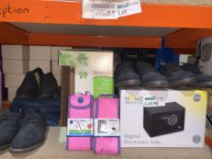 MIXED LOT INCLUDING BIRD BOX BIRD FEEDER, DIGITAL ELECTRONIC SHELF, 4 X PAIRS OF SHOES AND 4 X PAIRS