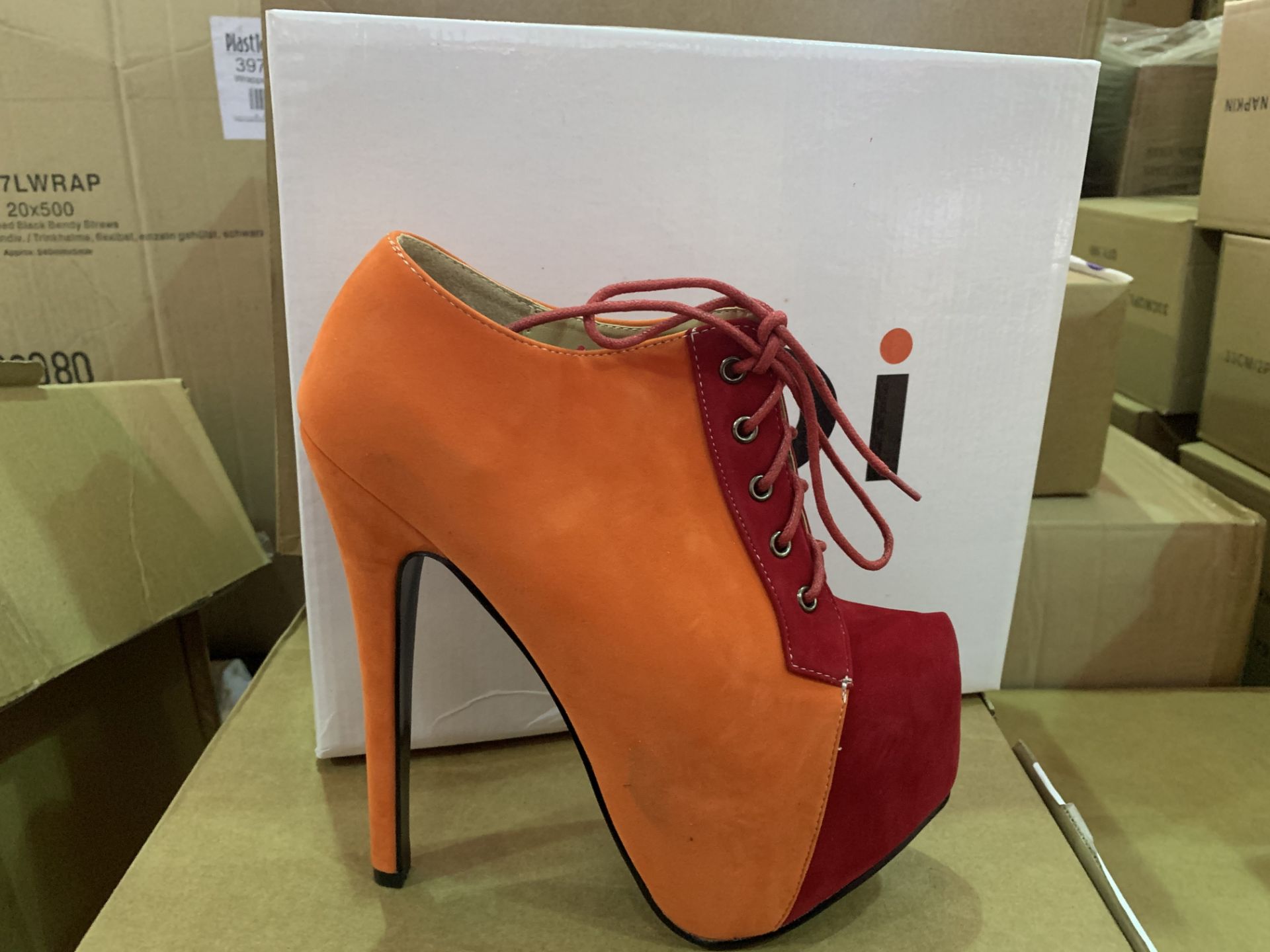 12 X BRAND NEW RETAIL BOXED KOI FOOTWEAR ORANGE HIGH HEEL FASHION SHOES IN RATIO BOX (1 X SIZE 3,