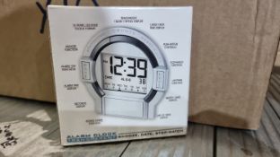 99 X NEW BOXED TRANSPARENT ALARM CLOCKS. SNOOZE, DATE, STOP -WATCH. RRP £10 EACH