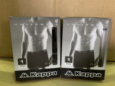 20 X BRAND NEW KAPPA RETAIL PACKAGED BOXER SHORTS (4 X S, 8 X M, 6 X L, 2 X XL) IN 2 BOXES