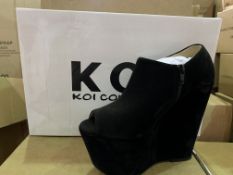 14 X BRAND NEW RETAIL BOXED KOI COUTURE BLACK SUEDE HIGH HEEL SHOES IN RATIO BOX (1 X SIZE 3, 3 X